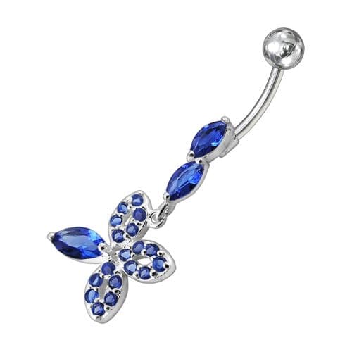 Fancy Silver Dangling Jeweled SS Curved Belly Ring - Monster Piercing