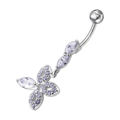 Fancy Silver Dangling Jeweled SS Curved Belly Ring - Monster Piercing