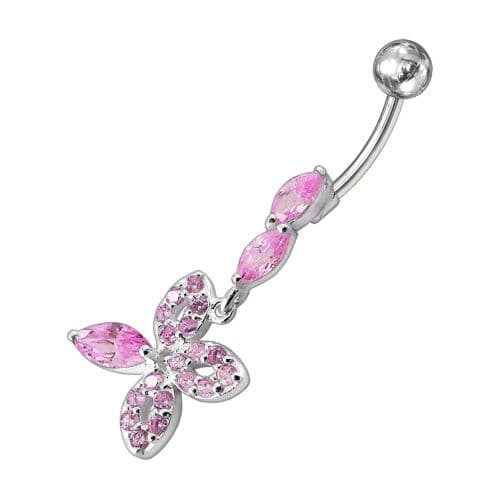 Fancy Silver Dangling Jeweled SS Curved Belly Ring - Monster Piercing