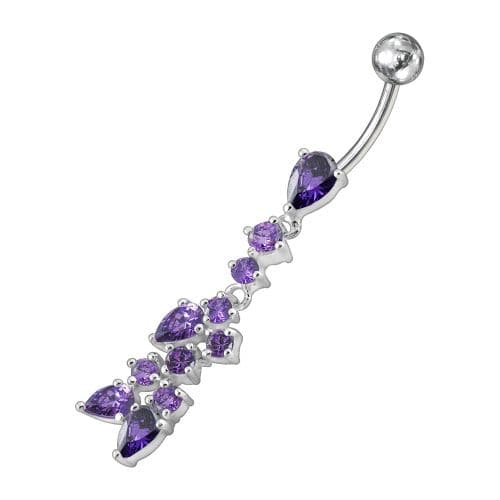 Fancy Dangling Multi Stone Studded SS Curved Belly Ring - Monster Piercing