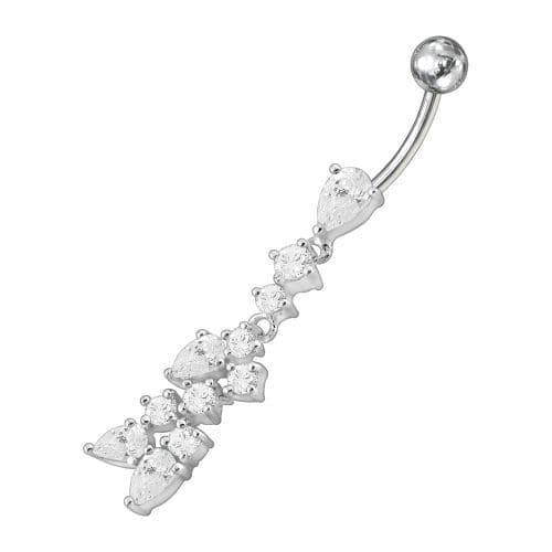 Fancy Dangling Multi Stone Studded SS Curved Belly Ring - Monster Piercing