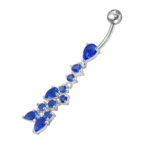 Fancy Dangling Multi Stone Studded SS Curved Belly Ring - Monster Piercing