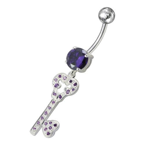 Jeweled Heart Key Dangling Belly Ring - Monster Piercing