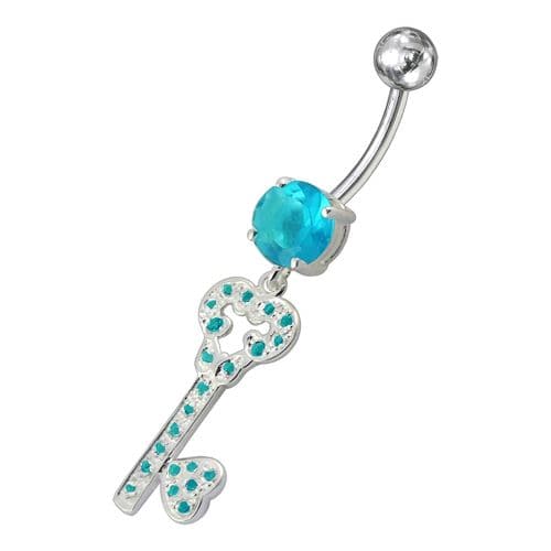 Jeweled Heart Key Dangling Belly Ring - Monster Piercing