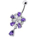 Jeweled Fancy Silver Flower Dangling Banana Bar Navel Belly Ring - Monster Piercing