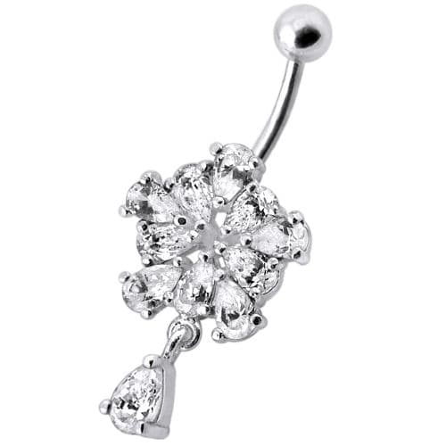 Jeweled Fancy Silver Flower Dangling Banana Bar Navel Belly Ring - Monster Piercing