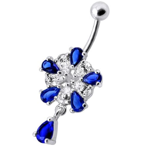 Jeweled Fancy Silver Flower Dangling Banana Bar Navel Belly Ring - Monster Piercing