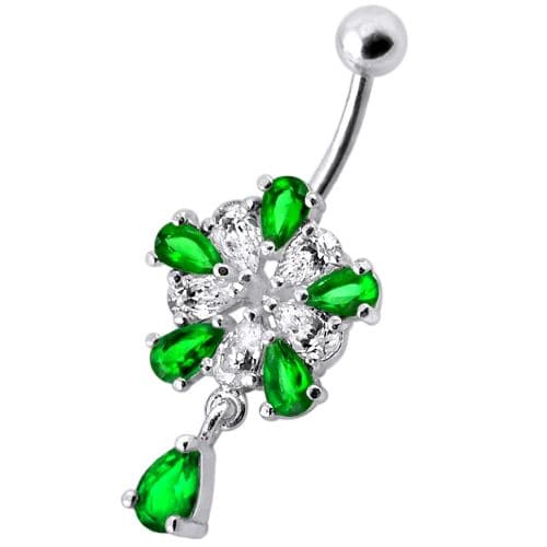 Jeweled Fancy Silver Flower Dangling Banana Bar Navel Belly Ring - Monster Piercing