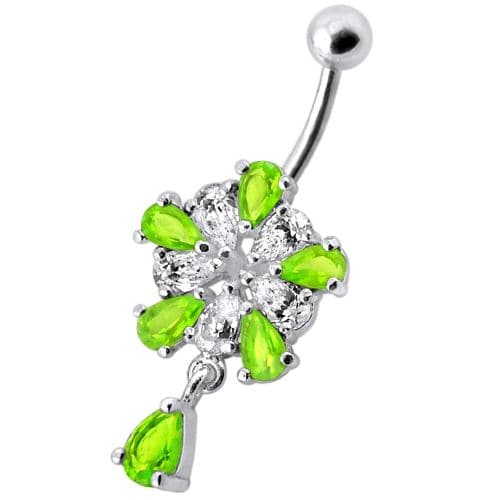 Jeweled Fancy Silver Flower Dangling Banana Bar Navel Belly Ring - Monster Piercing