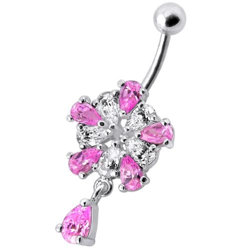 Jeweled Fancy Silver Flower Dangling Banana Bar Navel Belly Ring - Monster Piercing