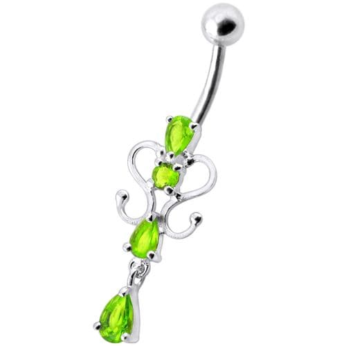 14G Fancy Dangling Green Stone Belly Ring - Monster Piercing