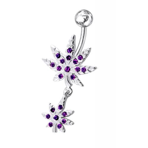 Fancy Jeweled Double Marijuana leaf Dangling Belly Ring - Monster Piercing