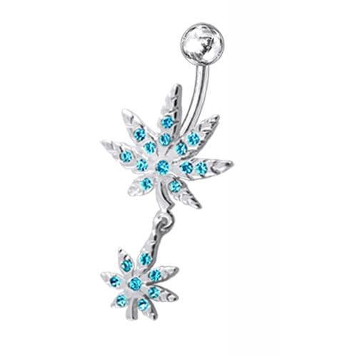 Fancy Jeweled Double Marijuana leaf Dangling Belly Ring - Monster Piercing