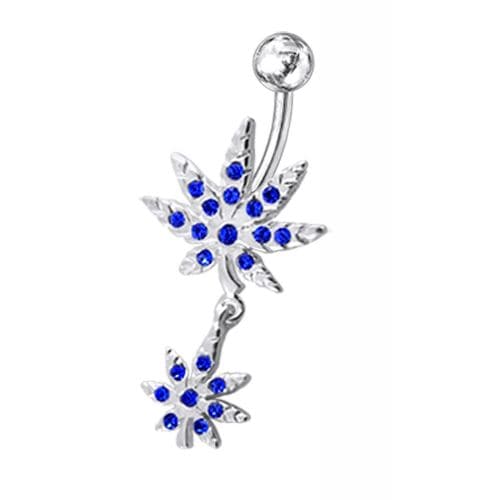 Fancy Jeweled Double Marijuana leaf Dangling Belly Ring - Monster Piercing