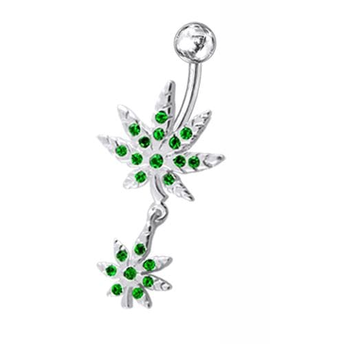 Fancy Jeweled Double Marijuana leaf Dangling Belly Ring - Monster Piercing