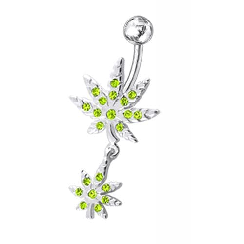 Fancy Jeweled Double Marijuana leaf Dangling Belly Ring - Monster Piercing