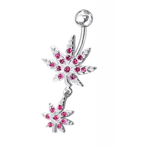 Fancy Jeweled Double Marijuana leaf Dangling Belly Ring - Monster Piercing