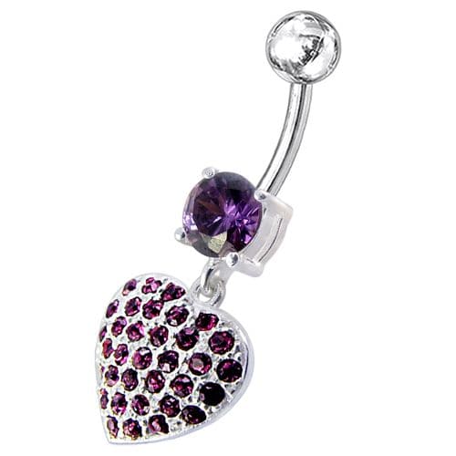 Fancy  Jeweled Heart Dangling SS Bar Belly Ring - Monster Piercing