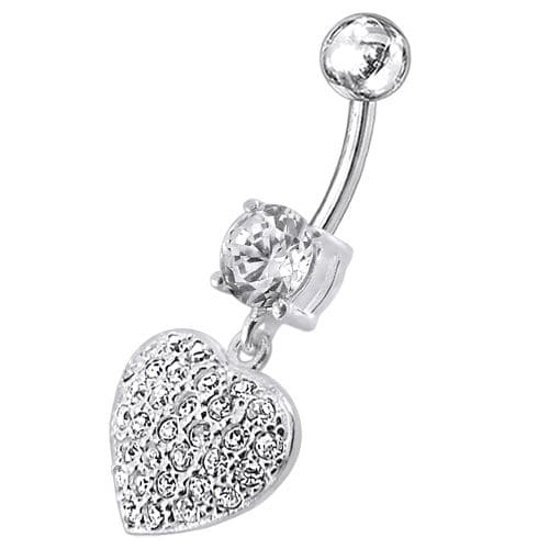 Fancy  Jeweled Heart Dangling SS Bar Belly Ring - Monster Piercing