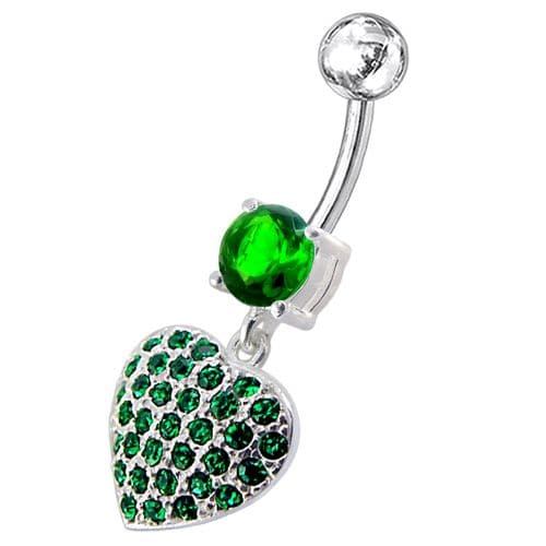 Fancy  Jeweled Heart Dangling SS Bar Belly Ring - Monster Piercing