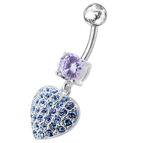 Fancy  Jeweled Heart Dangling SS Bar Belly Ring - Monster Piercing