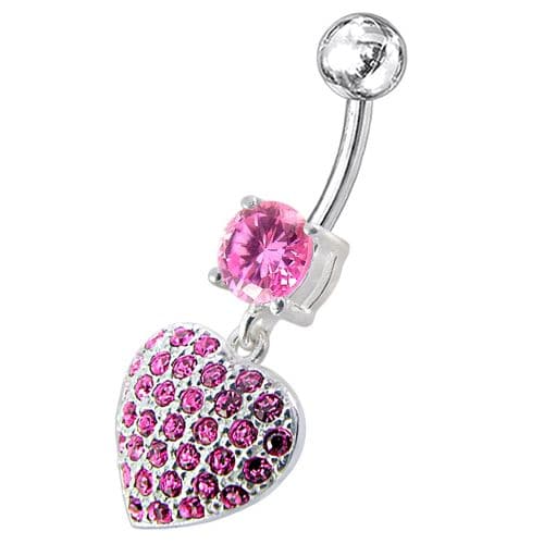 Fancy  Jeweled Heart Dangling SS Bar Belly Ring - Monster Piercing