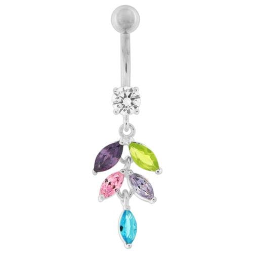 Silver Fancy White CZ Jeweled Dangling SS Banana Bar Navel Ring Body Jewelry - Monster Piercing