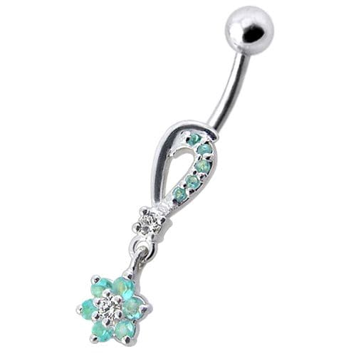 Fancy  Jeweled Dangling Flower SS Banana Belly Ring - Monster Piercing