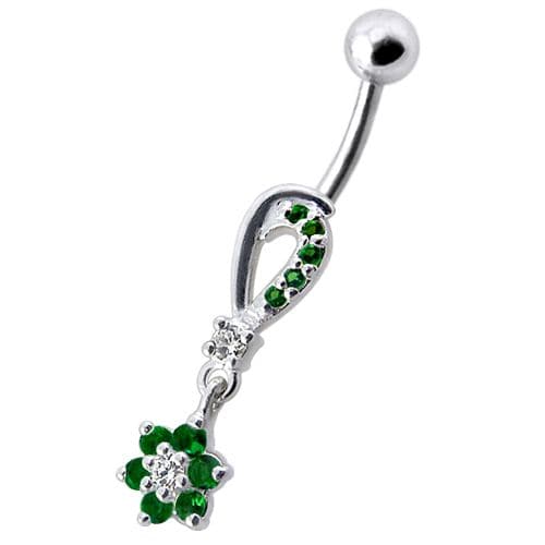 Fancy  Jeweled Dangling Flower SS Banana Belly Ring - Monster Piercing