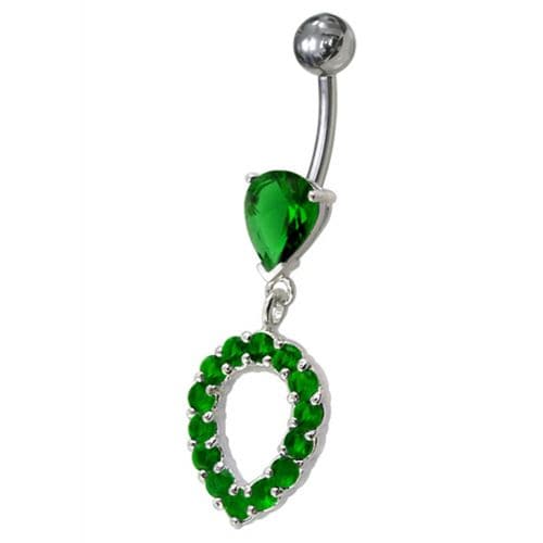 Fancy Green CZ Jeweled Silver Dangling Navel Banana Belly Ring - Monster Piercing