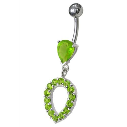 Fancy Green CZ Jeweled Silver Dangling Navel Banana Belly Ring - Monster Piercing