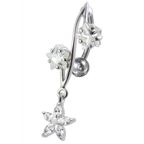 316L Surgical Steel Fancy Jeweled Dangling Reverse Curved Bar Belly Ring - Monster Piercing