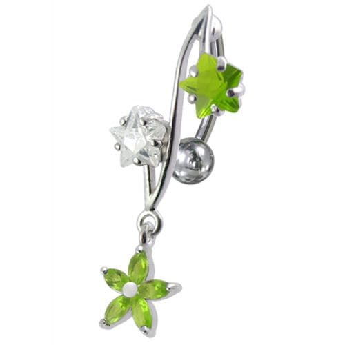 316L Surgical Steel Fancy Jeweled Dangling Reverse Curved Bar Belly Ring - Monster Piercing