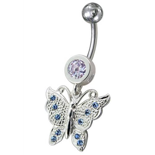 Fancy Jeweled Butterfly Dangling Navel Body Ring - Monster Piercing