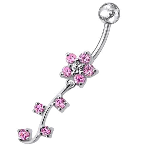 Fancy  Silver Flower Dangling Belly Ring - Monster Piercing