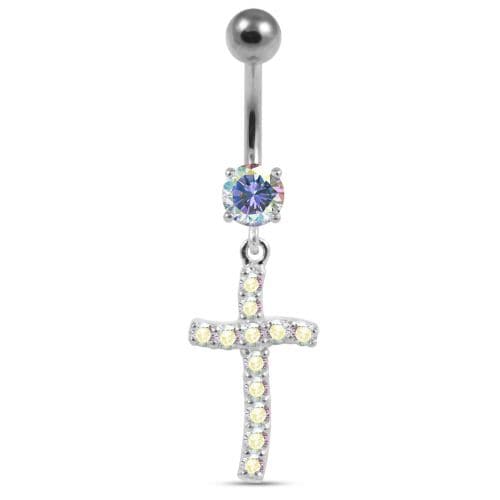 Sterling silver Jeweled Cross Dangling Navel Ring - Monster Piercing