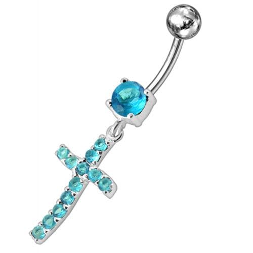 Sterling silver Jeweled Cross Dangling Navel Ring - Monster Piercing