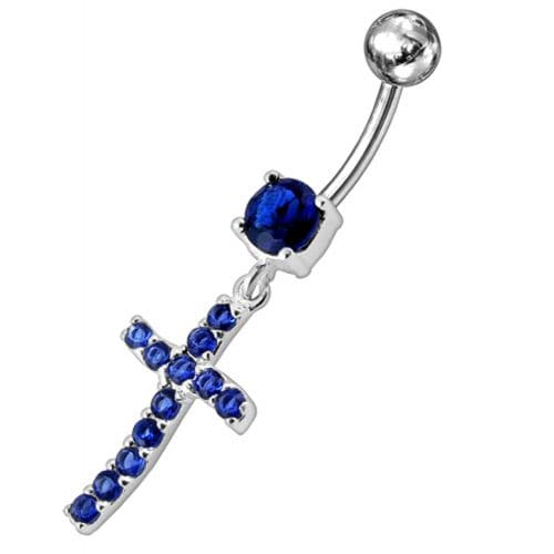 Sterling silver Jeweled Cross Dangling Navel Ring - Monster Piercing