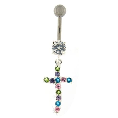 Sterling silver Jeweled Cross Dangling Navel Ring - Monster Piercing