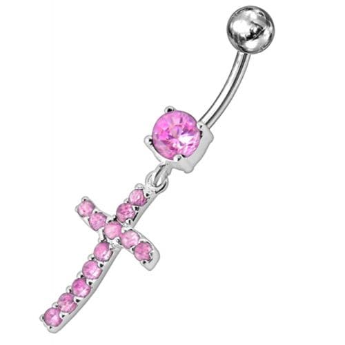 Sterling silver Jeweled Cross Dangling Navel Ring - Monster Piercing