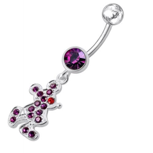 Fancy CZ Jeweled Silver mickey Doll Dangling Belly Navel Ring - Monster Piercing