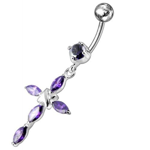 Jeweled Fancy Silver Flower Dangling SS Bar Banana Belly Ring - Monster Piercing