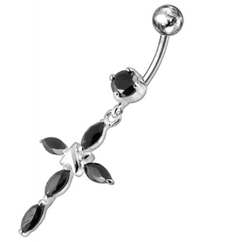 Jeweled Fancy Silver Flower Dangling SS Bar Banana Belly Ring - Monster Piercing