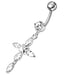 Jeweled Fancy Silver Flower Dangling SS Bar Banana Belly Ring - Monster Piercing