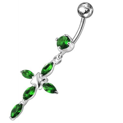 Jeweled Fancy Silver Flower Dangling SS Bar Banana Belly Ring - Monster Piercing