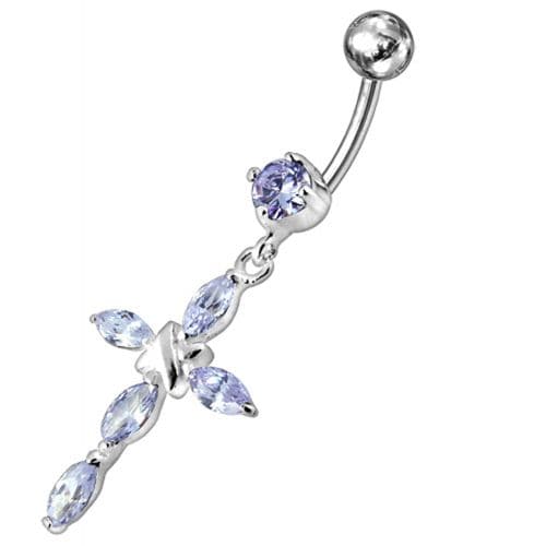 Jeweled Fancy Silver Flower Dangling SS Bar Banana Belly Ring - Monster Piercing