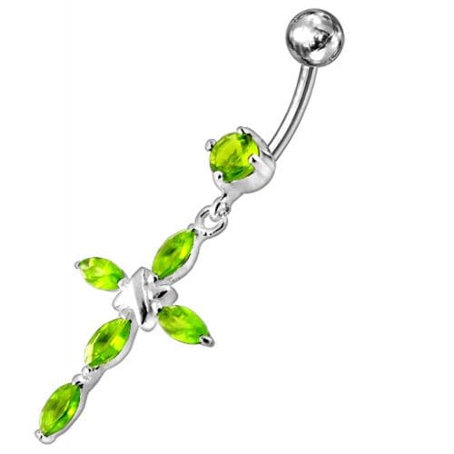 Jeweled Fancy Silver Flower Dangling SS Bar Banana Belly Ring - Monster Piercing