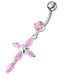 Jeweled Fancy Silver Flower Dangling SS Bar Banana Belly Ring - Monster Piercing