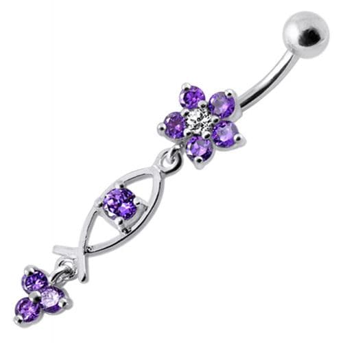 Silver Fancy Jeweled Dangling Flower With SS Banana Bar Navel Ring - Monster Piercing