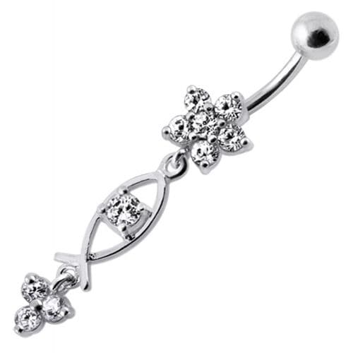 Silver Fancy Jeweled Dangling Flower With SS Banana Bar Navel Ring - Monster Piercing